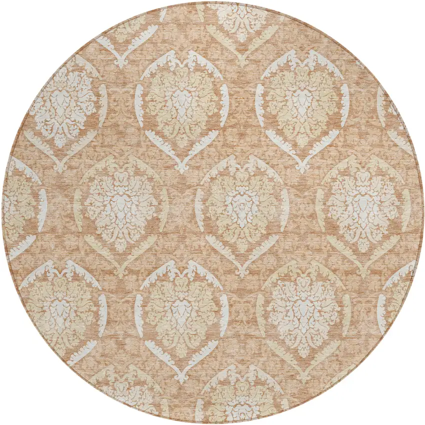 8' Salmon Copper And Ivory Round Medallion Washable Indoor Outdoor Area Rug Photo 1