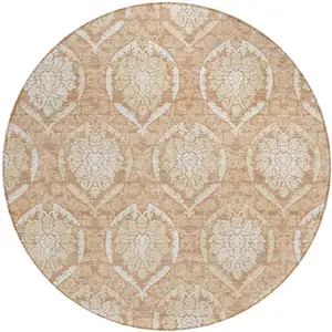 Photo of 8' Salmon Copper And Ivory Round Medallion Washable Indoor Outdoor Area Rug