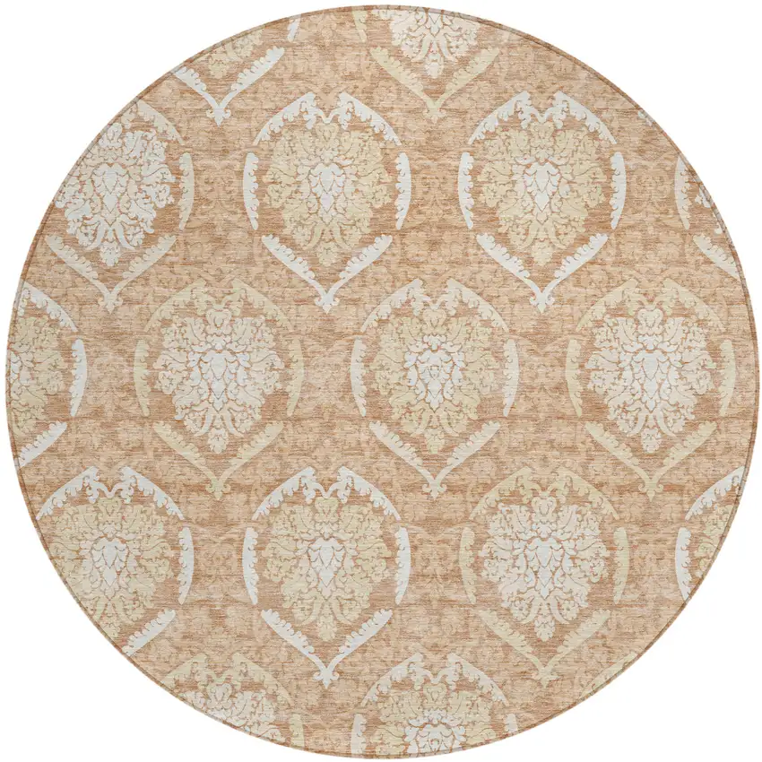 8' Salmon Copper And Ivory Round Medallion Washable Indoor Outdoor Area Rug Photo 1