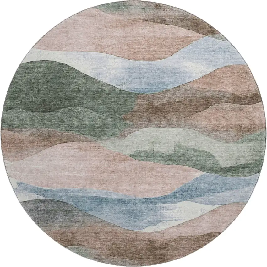 8' Salmon Emerald And Ivory Abstract Washable Round Rug With UV Protection Photo 1