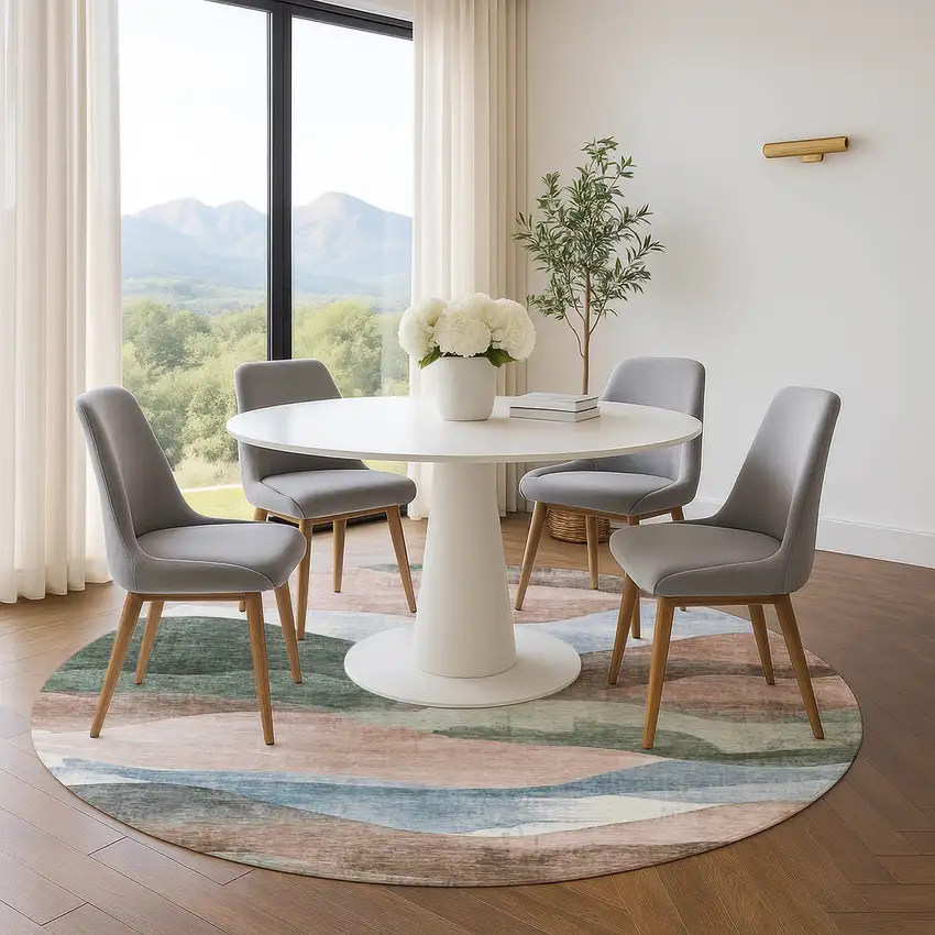 8' Salmon Emerald And Ivory Abstract Washable Round Rug With UV Protection Photo 5