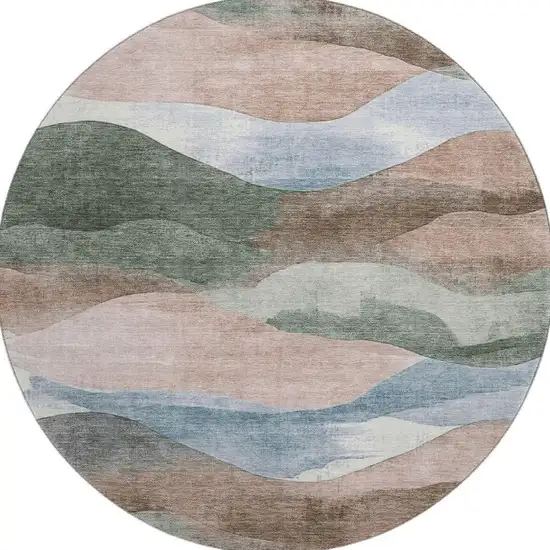 8' Salmon Emerald And Ivory Abstract Washable Round Rug With UV Protection Photo 4