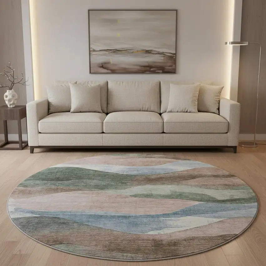 8' Salmon Emerald And Ivory Abstract Washable Round Rug With UV Protection Photo 2