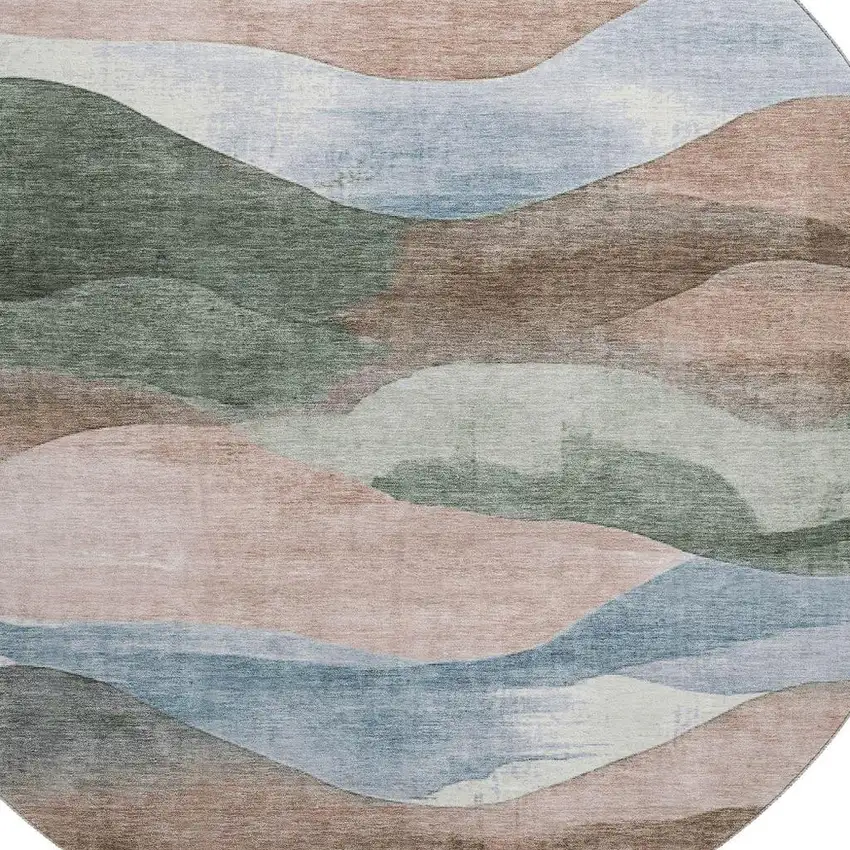 8' Salmon Emerald And Ivory Abstract Washable Round Rug With UV Protection Photo 3