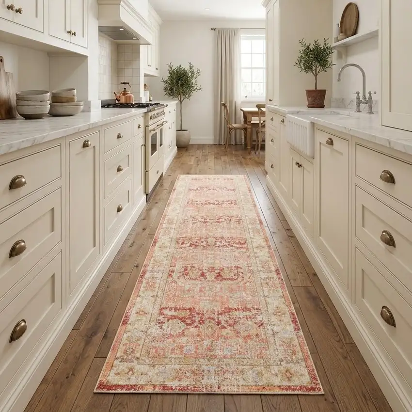 8' Salmon And Tan Floral Runner Rug Photo 1