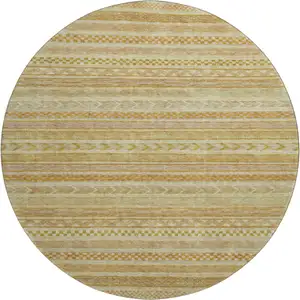 Photo of 8' Salmon Gold And Beige Striped Washable Round Rug With UV Protection