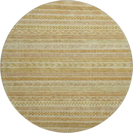8' Salmon Gold And Beige Striped Washable Round Rug With UV Protection Photo 1