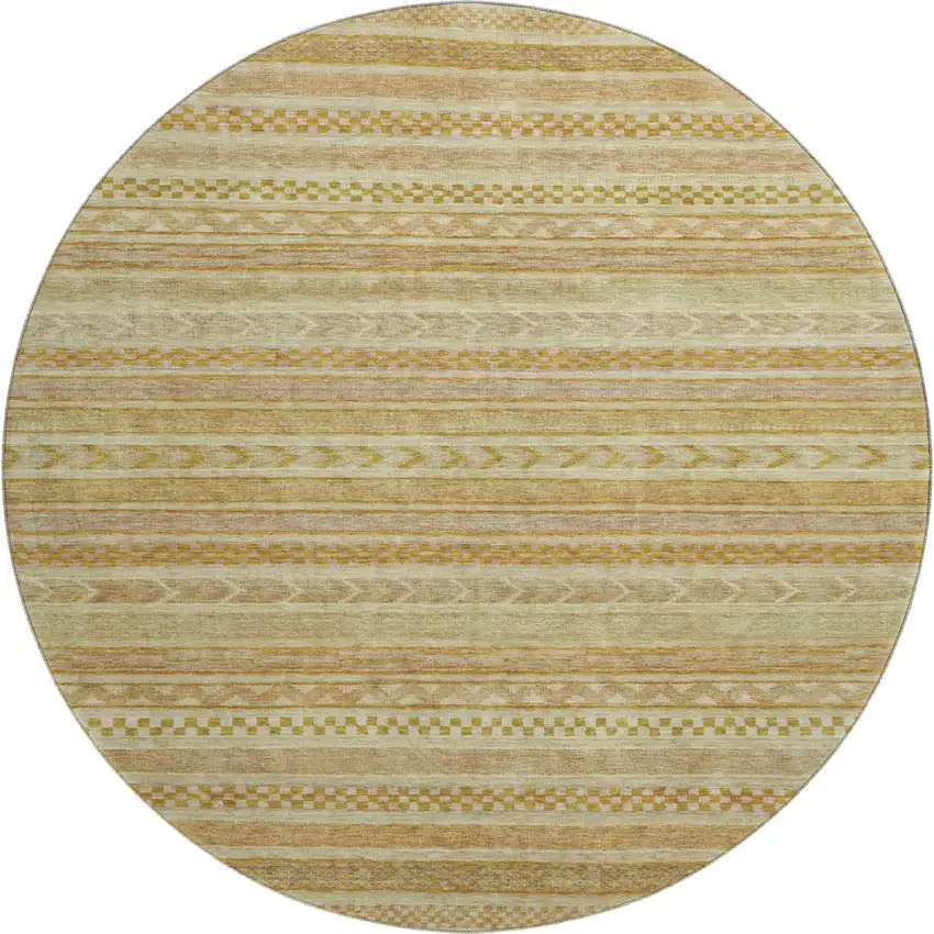 8' Salmon Gold And Beige Striped Washable Round Rug With UV Protection Photo 1