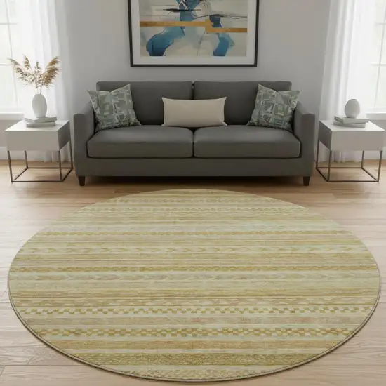 8' Salmon Gold And Beige Striped Washable Round Rug With UV Protection Photo 2