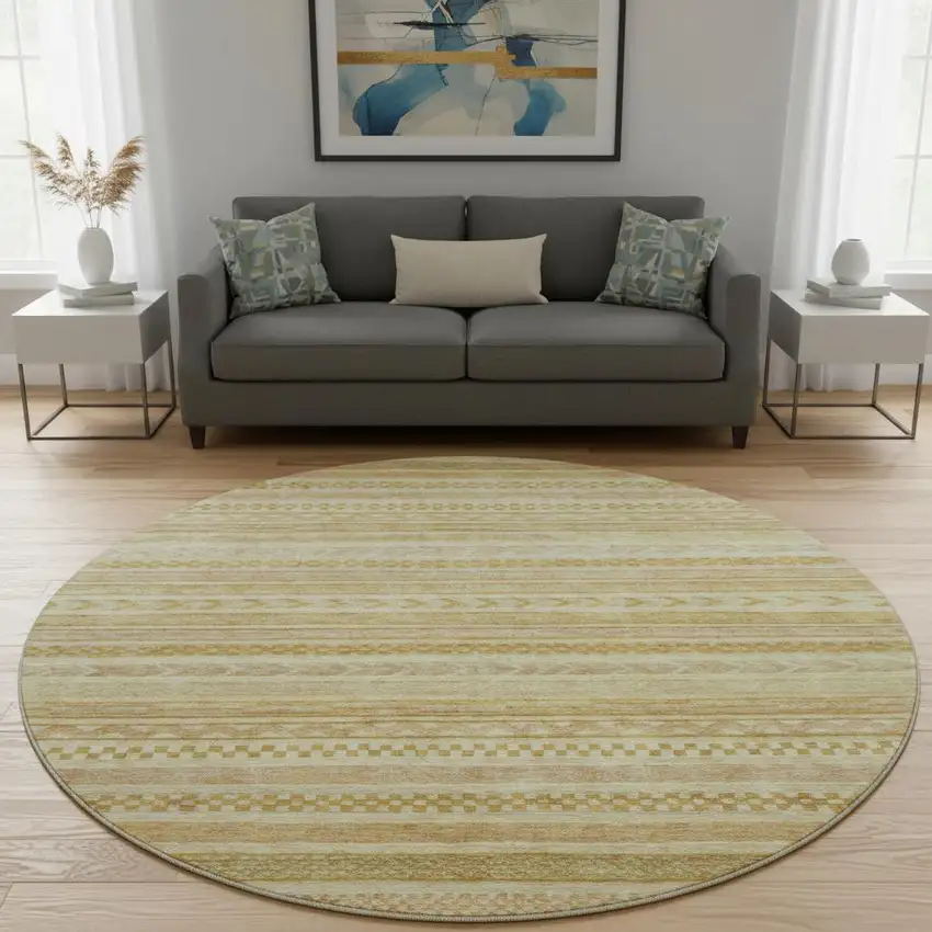8' Salmon Gold And Beige Striped Washable Round Rug With UV Protection Photo 2