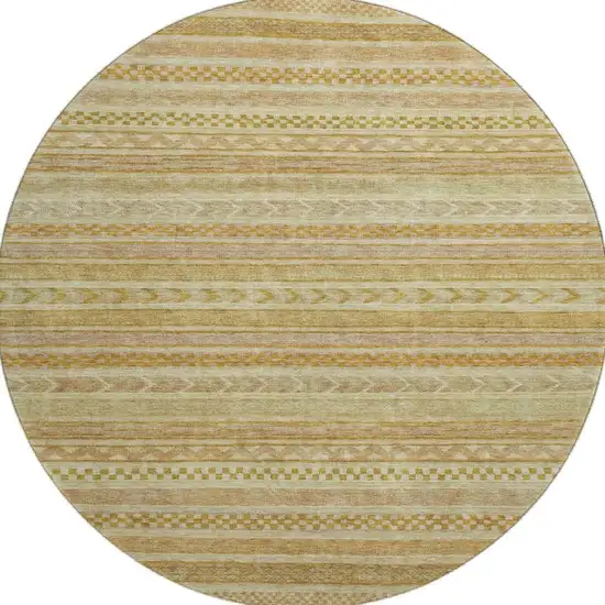 8' Salmon Gold And Beige Striped Washable Round Rug With UV Protection Photo 3