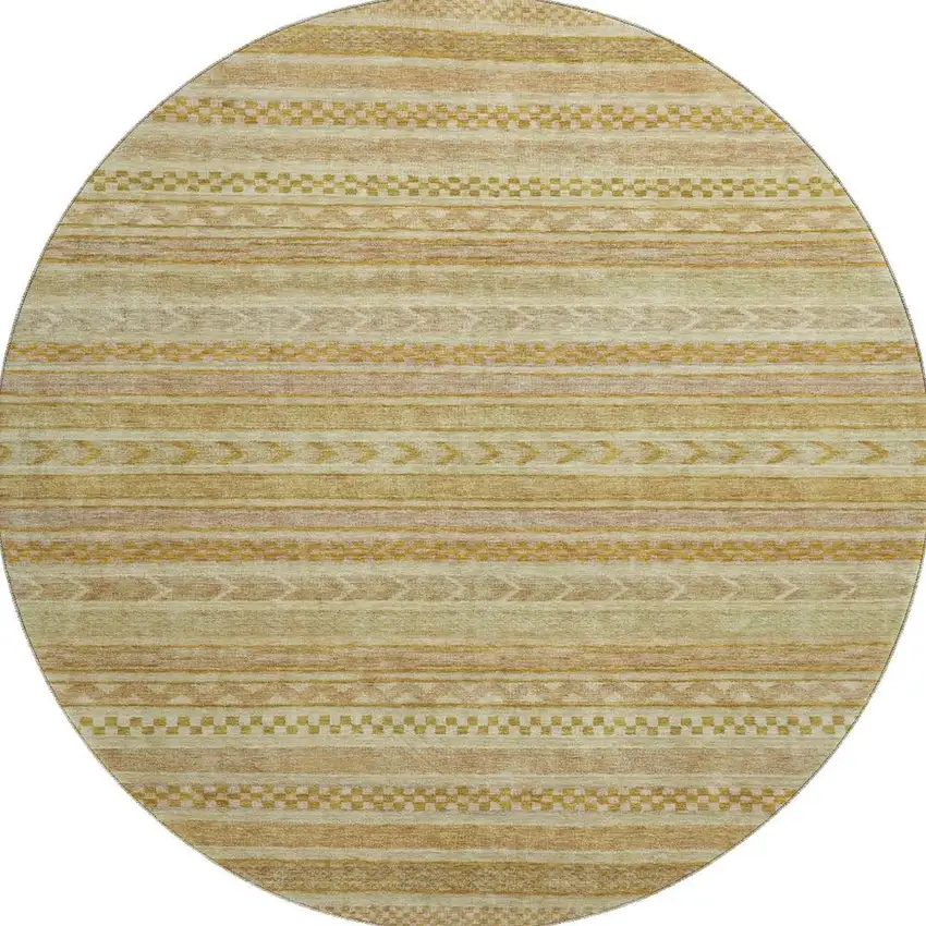 8' Salmon Gold And Beige Striped Washable Round Rug With UV Protection Photo 3