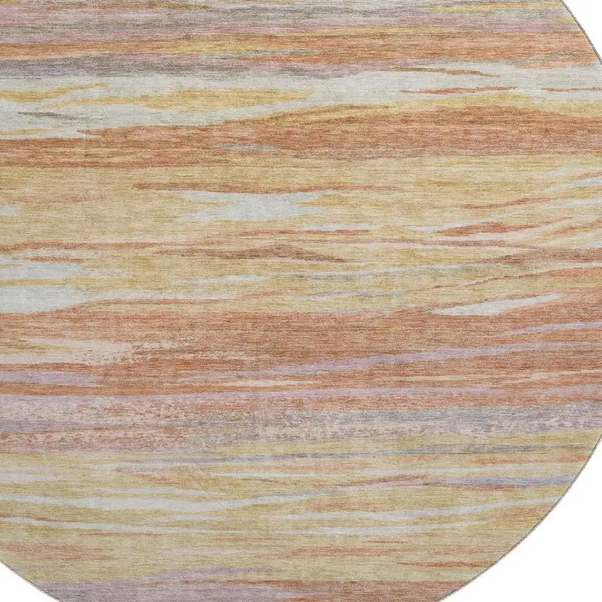 8' Salmon Gold And Gray Abstract Washable Round Rug With UV Protection Photo 3