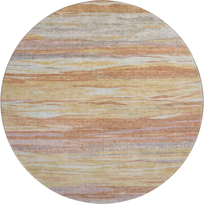 8' Salmon Gold And Gray Abstract Washable Round Rug With UV Protection Photo 1