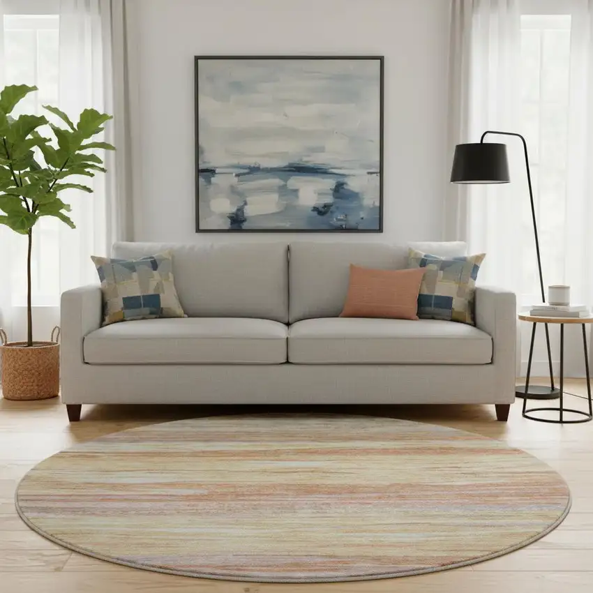 8' Salmon Gold And Gray Abstract Washable Round Rug With UV Protection Photo 2