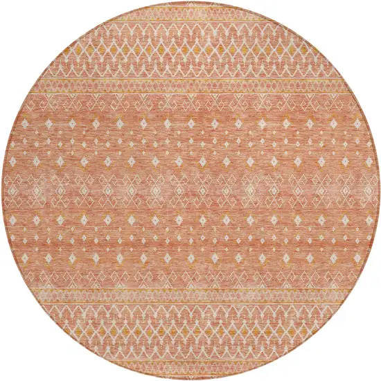 8' Salmon Gold And Ivory Round Tribal Washable Indoor Outdoor Area Rug Photo 1