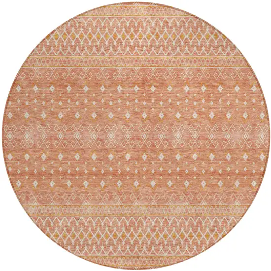 8' Salmon Gold And Ivory Round Tribal Washable Indoor Outdoor Area Rug Photo 1