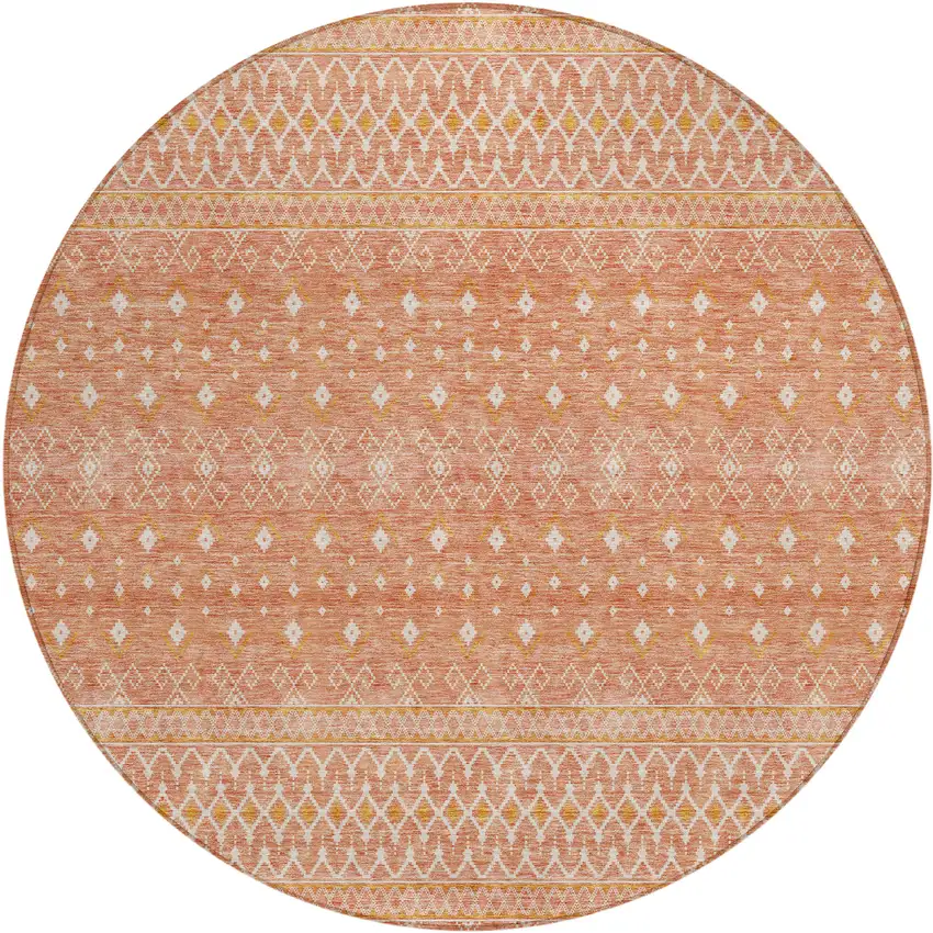 8' Salmon Gold And Ivory Round Tribal Washable Indoor Outdoor Area Rug Photo 1
