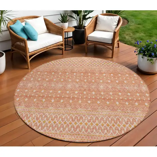 8' Salmon Gold And Ivory Round Tribal Washable Indoor Outdoor Area Rug Photo 1