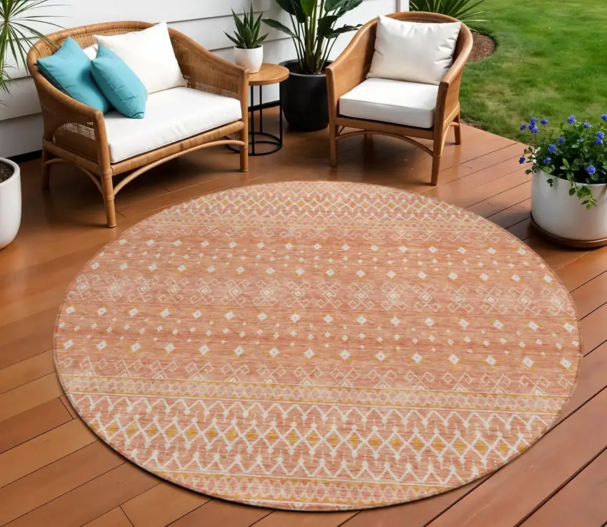 8' Salmon Gold And Ivory Round Tribal Washable Indoor Outdoor Area Rug Photo 1