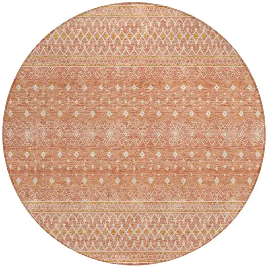 8' Salmon Gold And Ivory Round Tribal Washable Indoor Outdoor Area Rug Photo 5