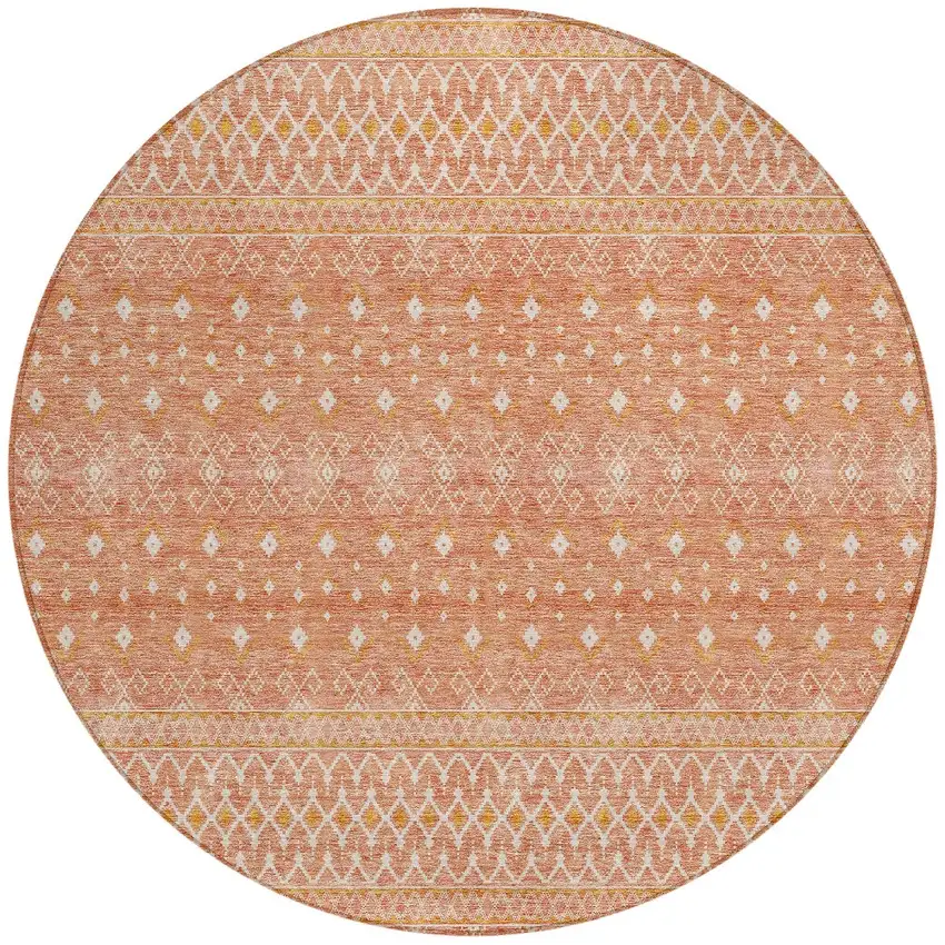 8' Salmon Gold And Ivory Round Tribal Washable Indoor Outdoor Area Rug Photo 5