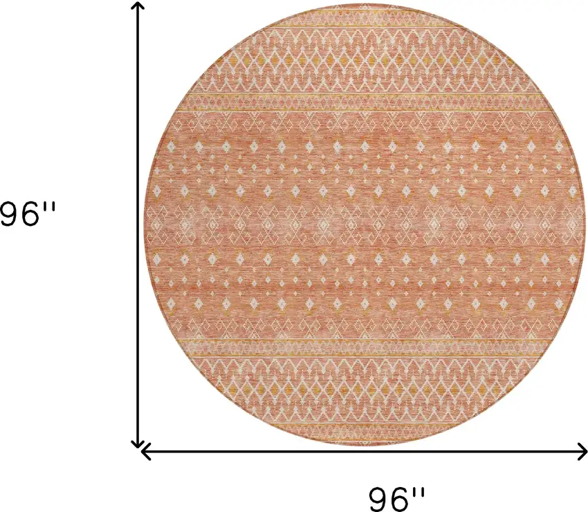 8' Salmon Gold And Ivory Round Tribal Washable Indoor Outdoor Area Rug Photo 3