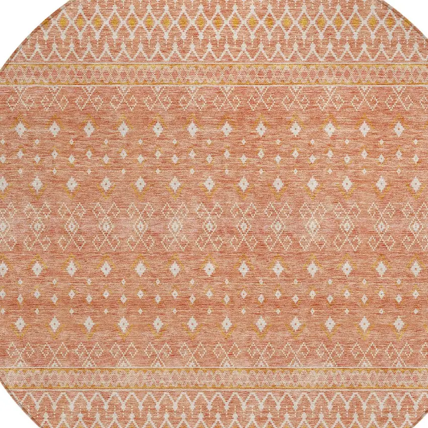 8' Salmon Gold And Ivory Round Tribal Washable Indoor Outdoor Area Rug Photo 4