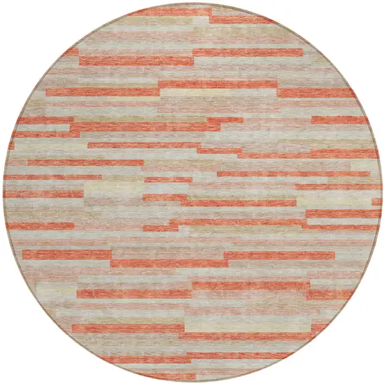 8' Salmon Gray And Beige Round Striped Washable Indoor Outdoor Area Rug Photo 2