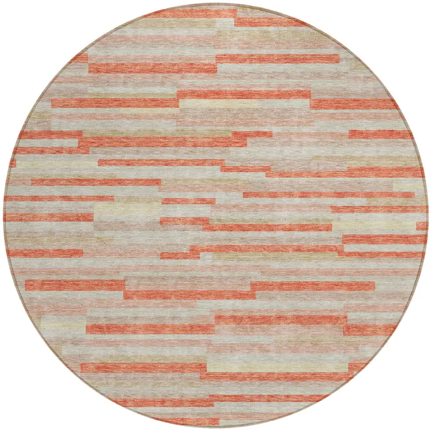 8' Salmon Gray And Beige Round Striped Washable Indoor Outdoor Area Rug Photo 2