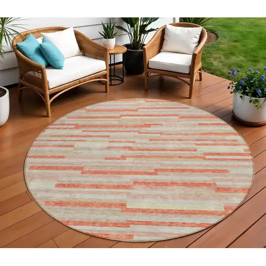 8' Salmon Gray And Beige Round Striped Washable Indoor Outdoor Area Rug Photo 1