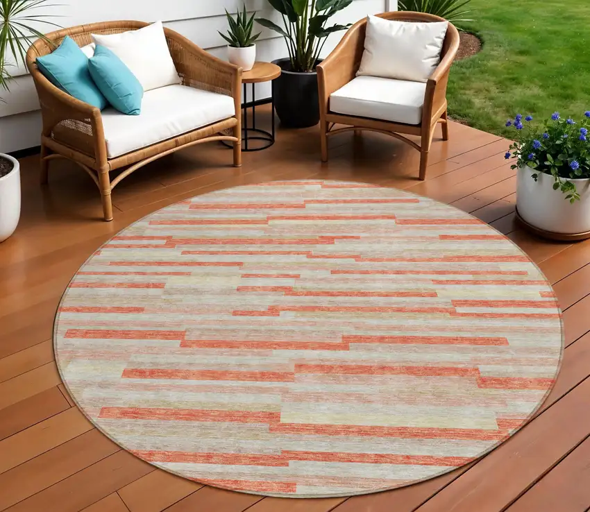 8' Salmon Gray And Beige Round Striped Washable Indoor Outdoor Area Rug Photo 1