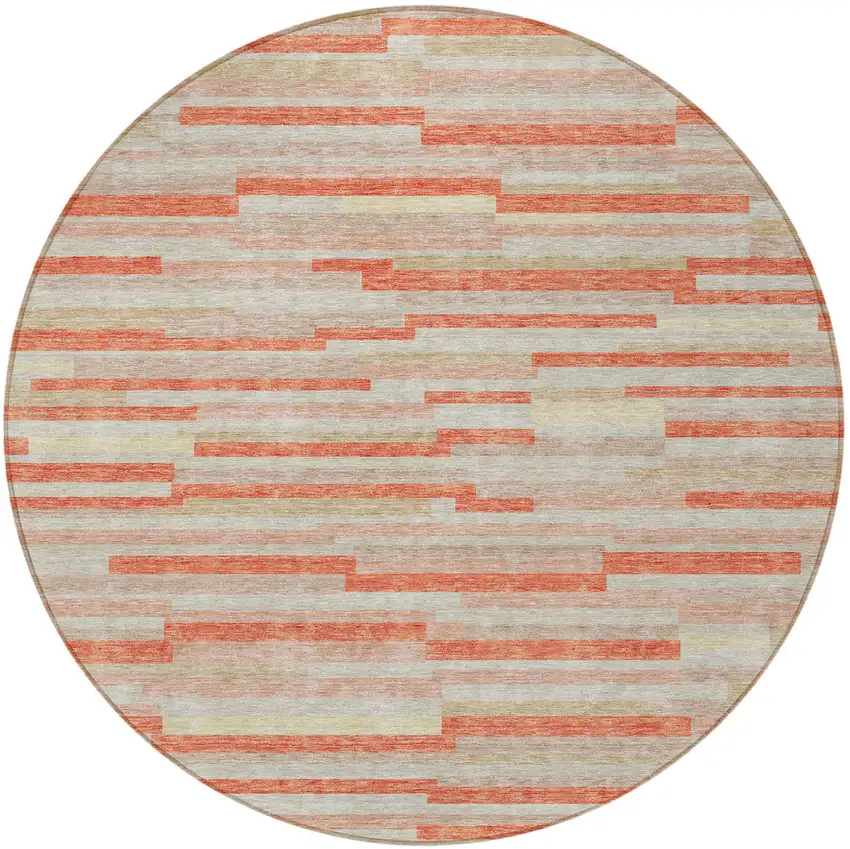 8' Salmon Gray And Beige Round Striped Washable Indoor Outdoor Area Rug Photo 4