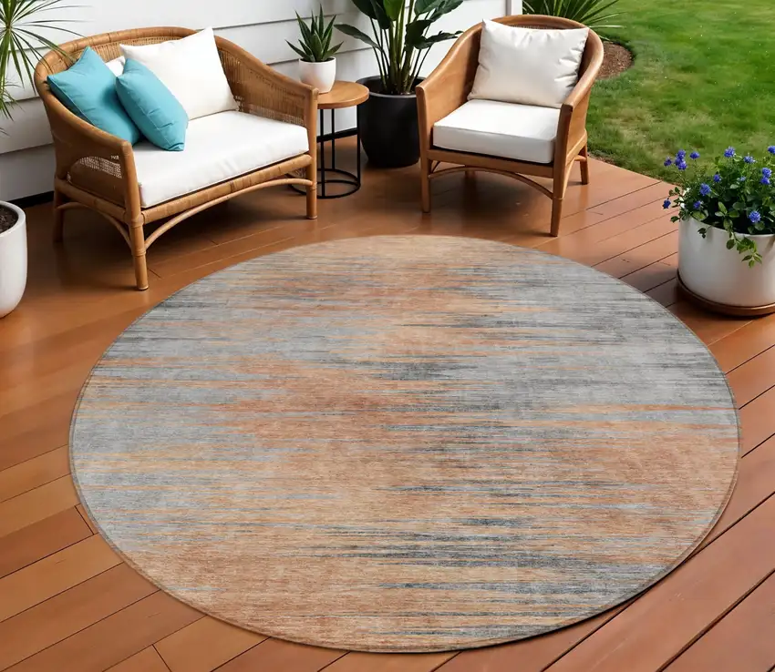 8' Salmon Gray And Charcoal Round Abstract Washable Indoor Outdoor Area Rug Photo 1