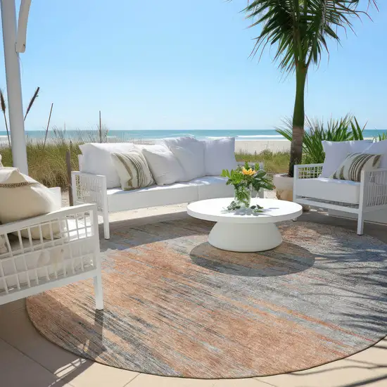 8' Salmon Gray And Charcoal Round Abstract Washable Indoor Outdoor Area Rug Photo 6