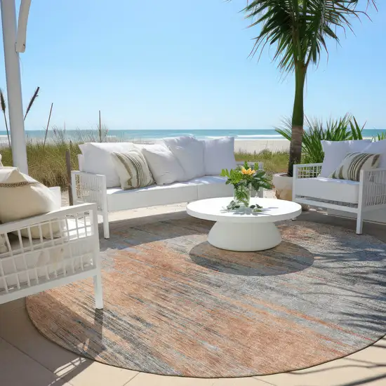 8' Salmon Gray And Charcoal Round Abstract Washable Indoor Outdoor Area Rug Photo 6