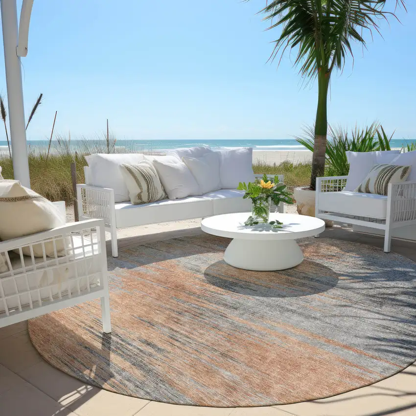 8' Salmon Gray And Charcoal Round Abstract Washable Indoor Outdoor Area Rug Photo 6