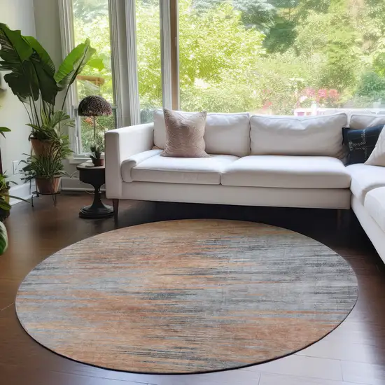 8' Salmon Gray And Charcoal Round Abstract Washable Indoor Outdoor Area Rug Photo 7