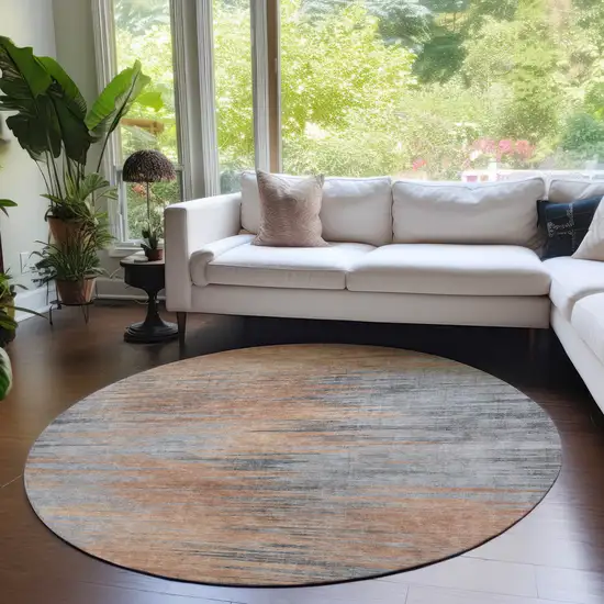 8' Salmon Gray And Charcoal Round Abstract Washable Indoor Outdoor Area Rug Photo 7