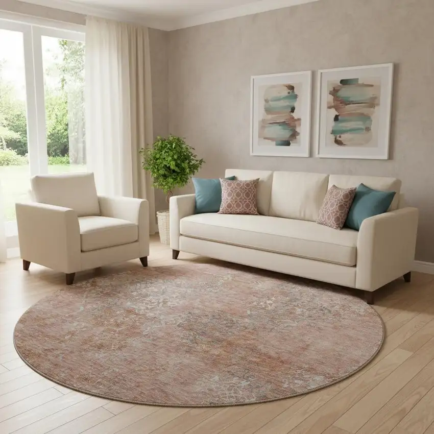 8' Salmon Gray And Ivory Abstract Washable Round Rug With UV Protection Photo 1