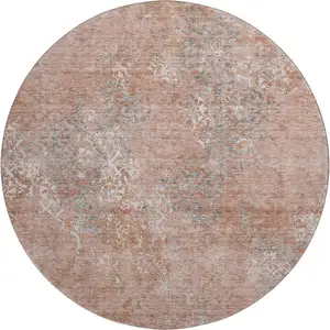 Photo of 8' Salmon Gray And Ivory Abstract Washable Round Rug With UV Protection