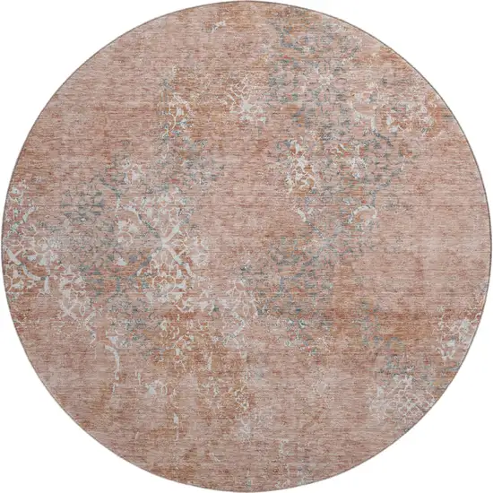 8' Salmon Gray And Ivory Abstract Washable Round Rug With UV Protection Photo 1