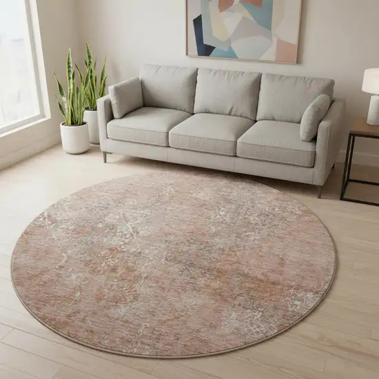 8' Salmon Gray And Ivory Abstract Washable Round Rug With UV Protection Photo 2