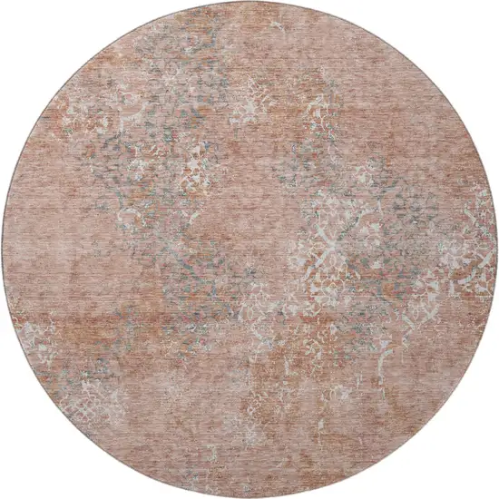 8' Salmon Gray And Ivory Abstract Washable Round Rug With UV Protection Photo 3