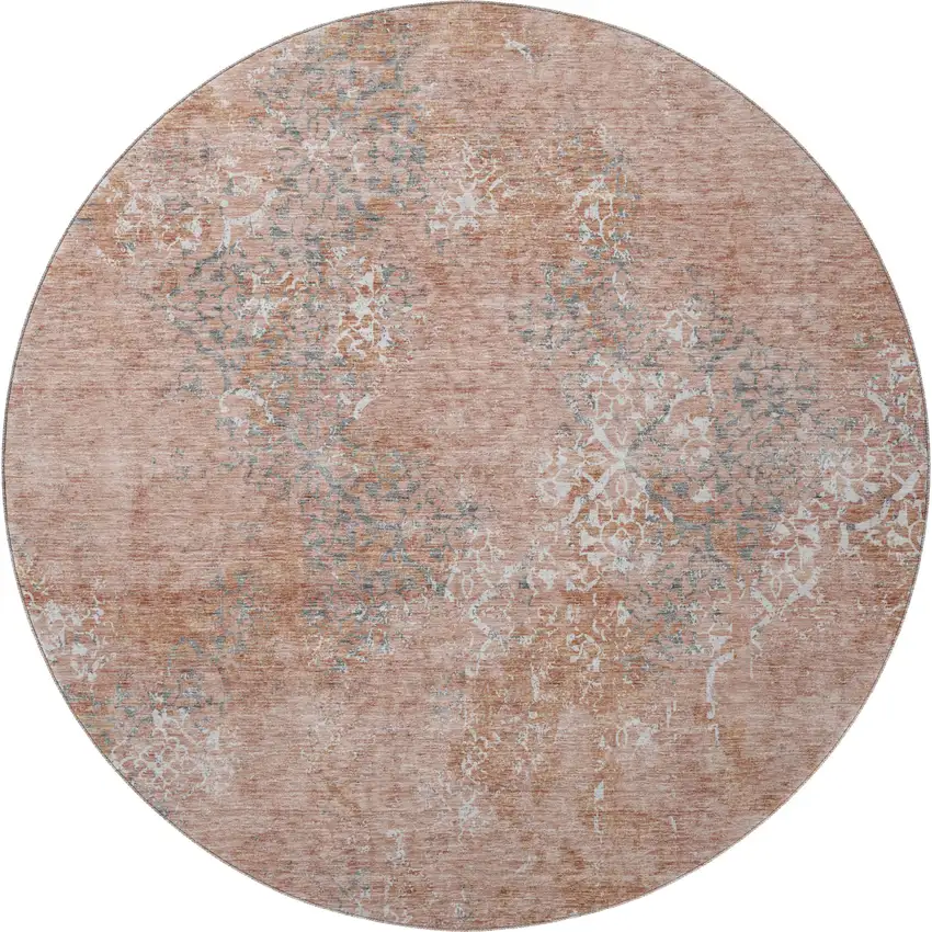 8' Salmon Gray And Ivory Abstract Washable Round Rug With UV Protection Photo 3