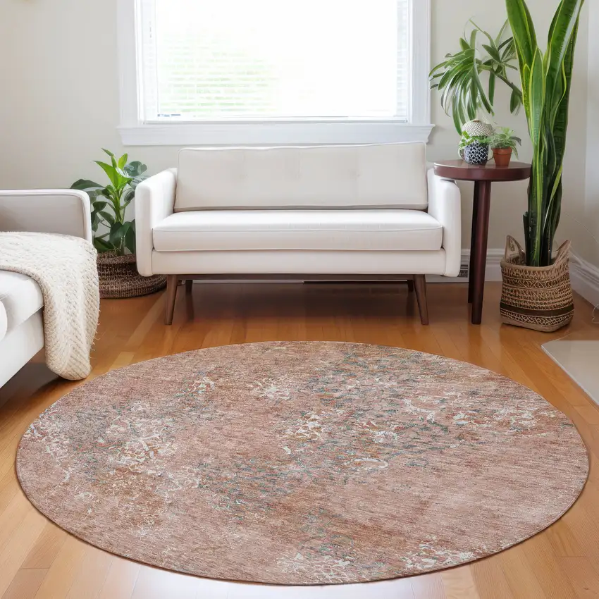 8' Salmon Gray And Ivory Abstract Washable Round Rug With UV Protection Photo 4
