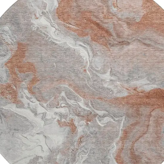 8' Salmon Gray And Ivory Abstract Washable Round Rug With UV Protection Photo 2