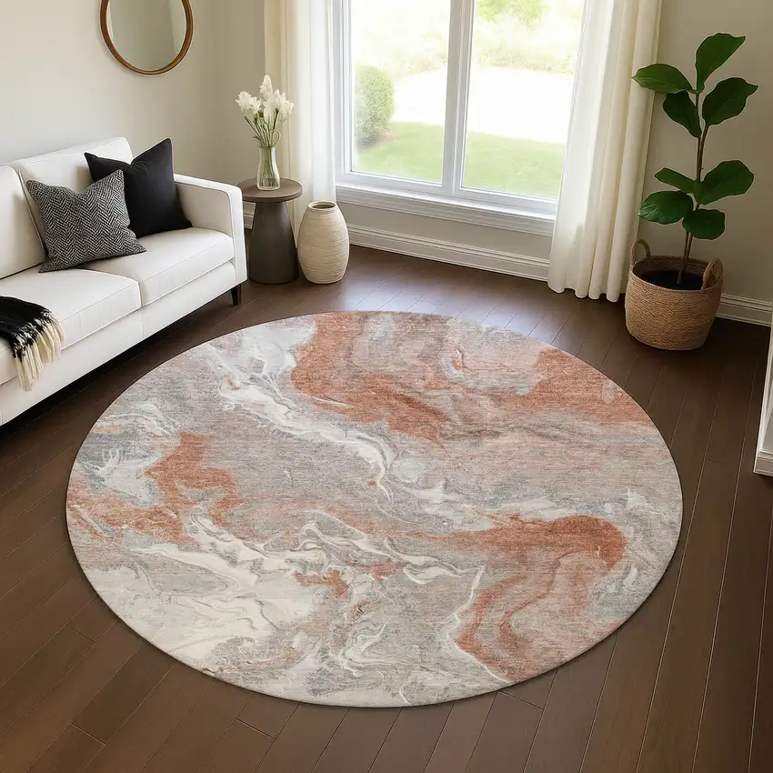8' Salmon Gray And Ivory Abstract Washable Round Rug With UV Protection Photo 4