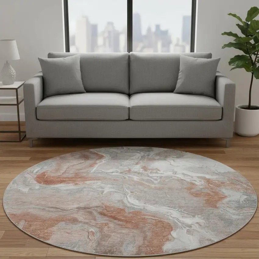 8' Salmon Gray And Ivory Abstract Washable Round Rug With UV Protection Photo 2
