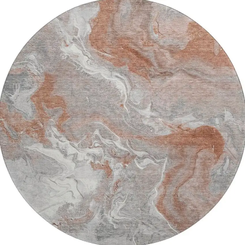 8' Salmon Gray And Ivory Abstract Washable Round Rug With UV Protection Photo 3
